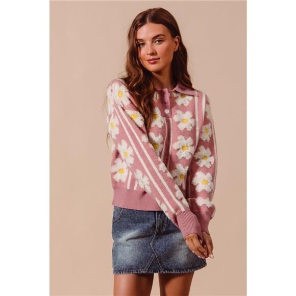 SO ME Floral‎ Stripe Polo Collar Sweater - Picture 3 of 4